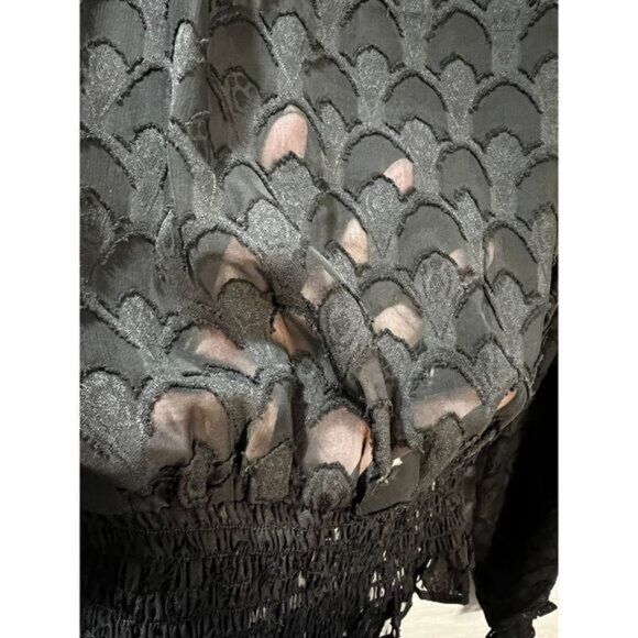 Black Textured Long-Sleeve Smocked Waist Top With Lace Details & Ruffled Necklin - Picture 5 of 8